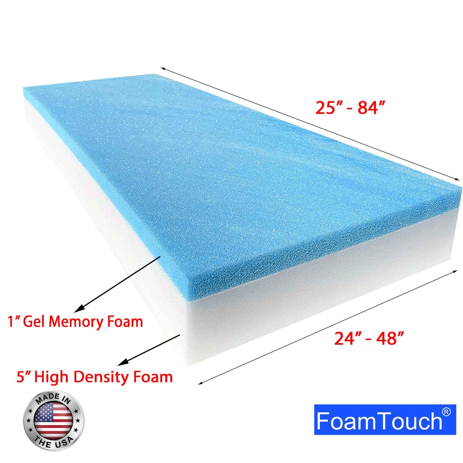 FoamTouch 6″ Gel Memory Foam RV Mattress Custom Cut 24-48 Wide 25-84 Long White