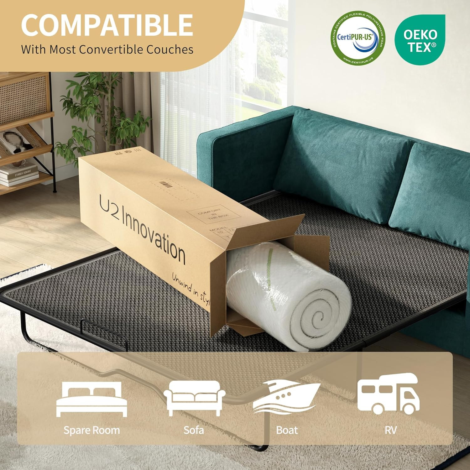 4″ Queen Sofa Mattress with Soft Cover, Non-Slip Bottom for RV & Dorm Use