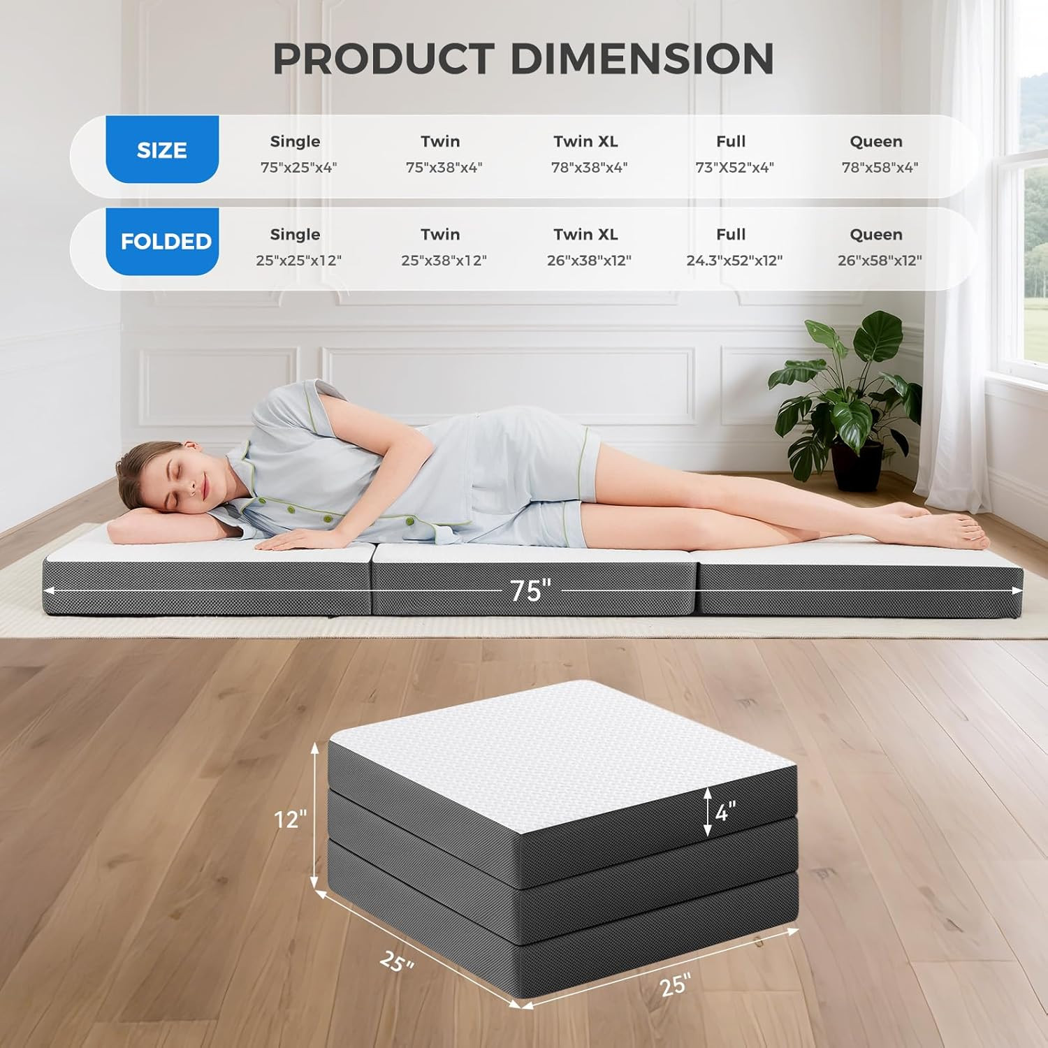 Trifold Mattress, 4 Inch Memory Foam Foldable Mattress with Washable Cover, Tri-
