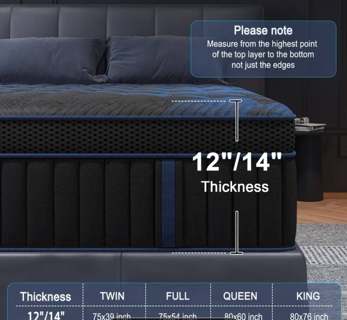 Pocket Spring Mattress 12-14in Black/Blue, Breathable