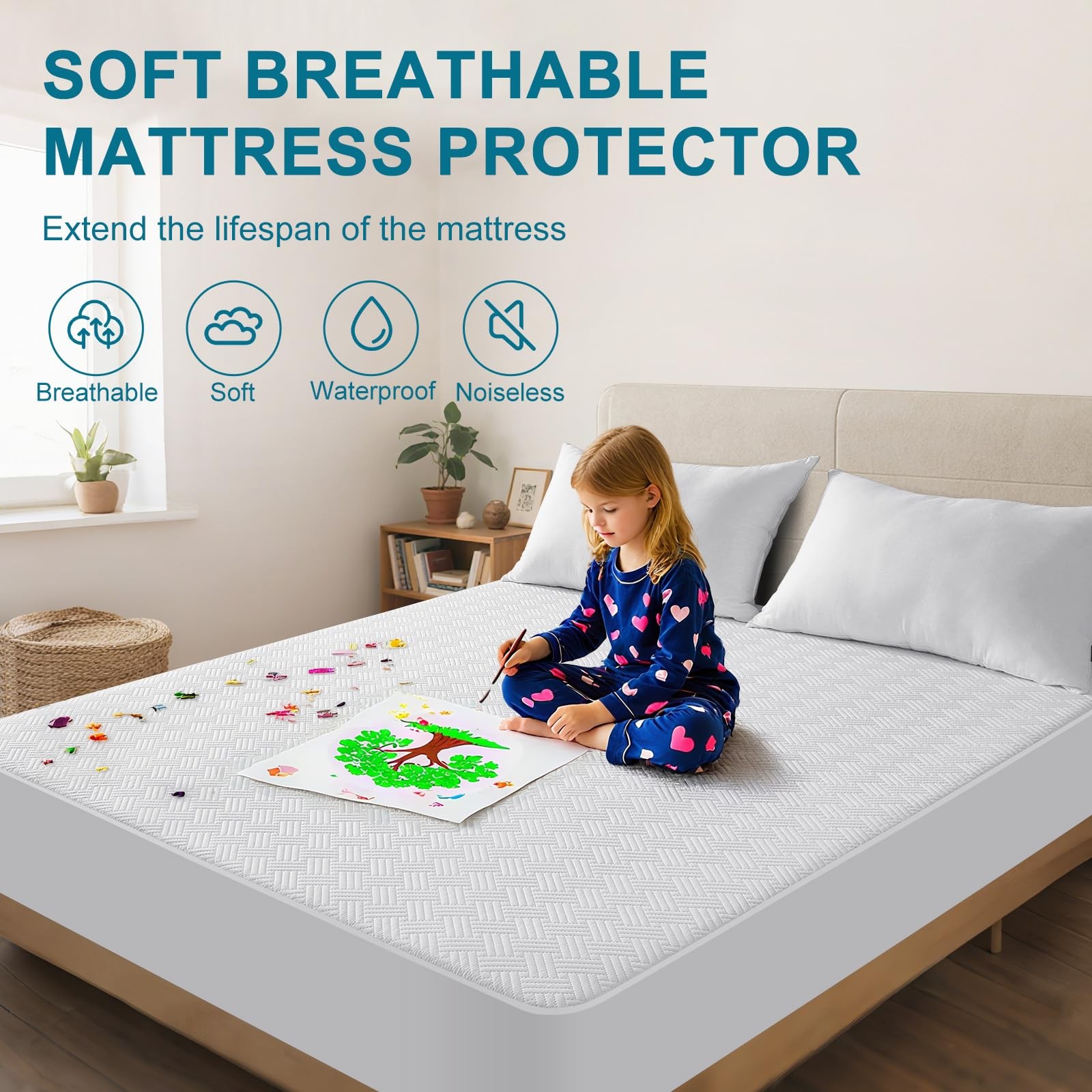 GOPOONY Waterproof Mattress Protector Queen Size – Breathable, Queen, White