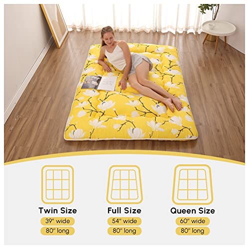Japanese Floor Mattress, Queen（80″L x 60″W） Yellow Flower ( 4″th + Dust Cover ）