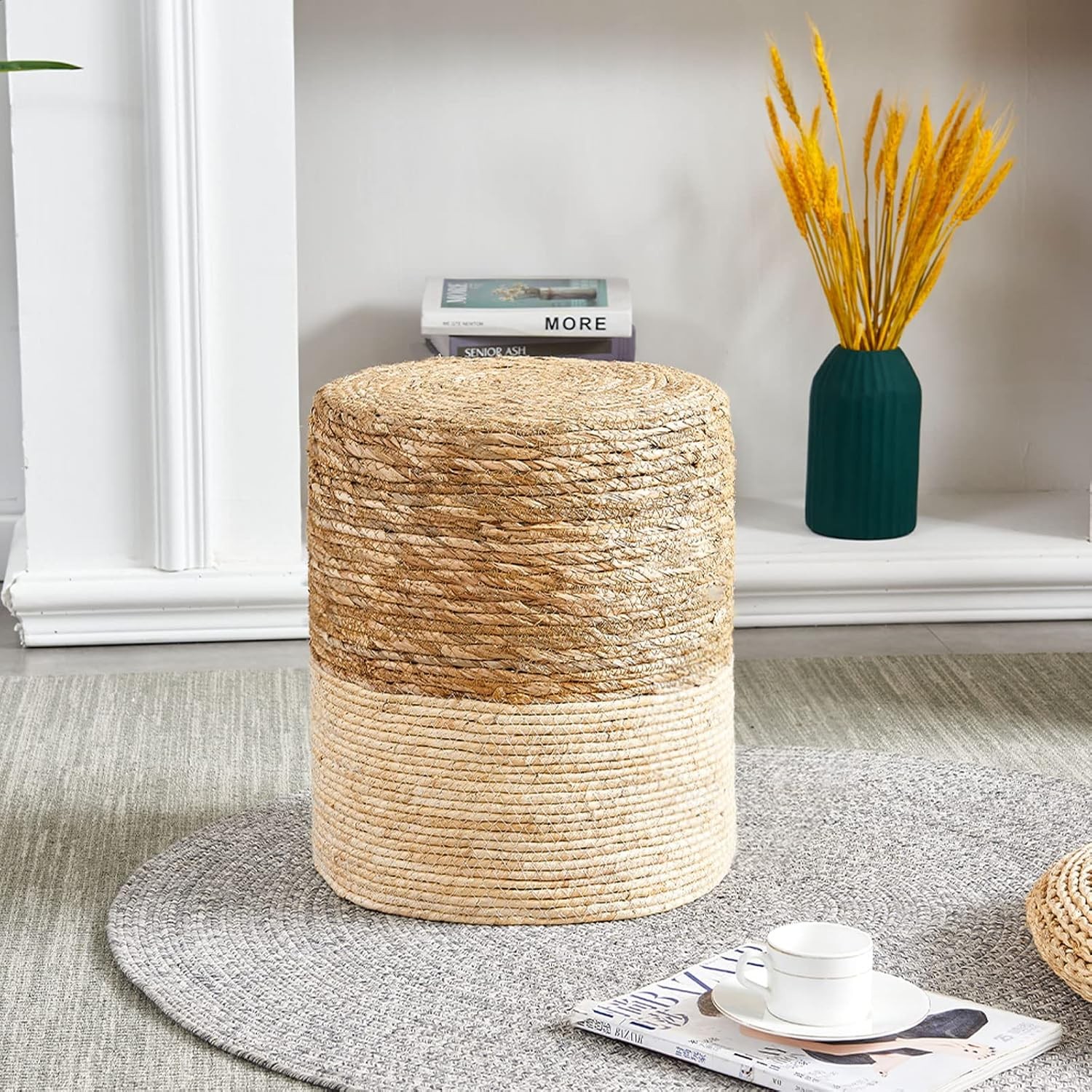 Pouf Ottoman, Handwoven Seagrass Braided Pouffe, Boho Decor Floor