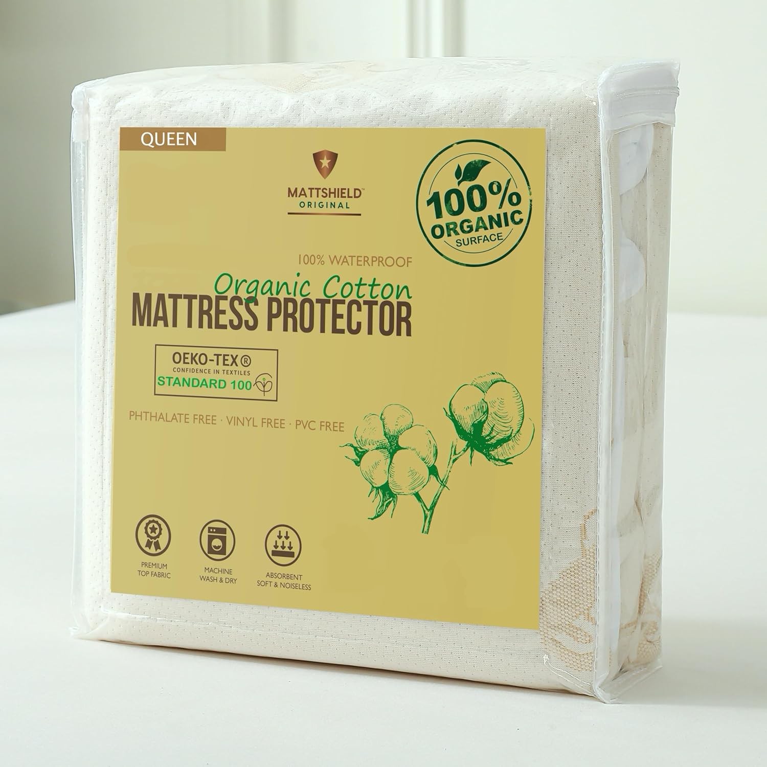 Waterproof Organic Mattress Protector Queen – Cotton Queen, Ivory