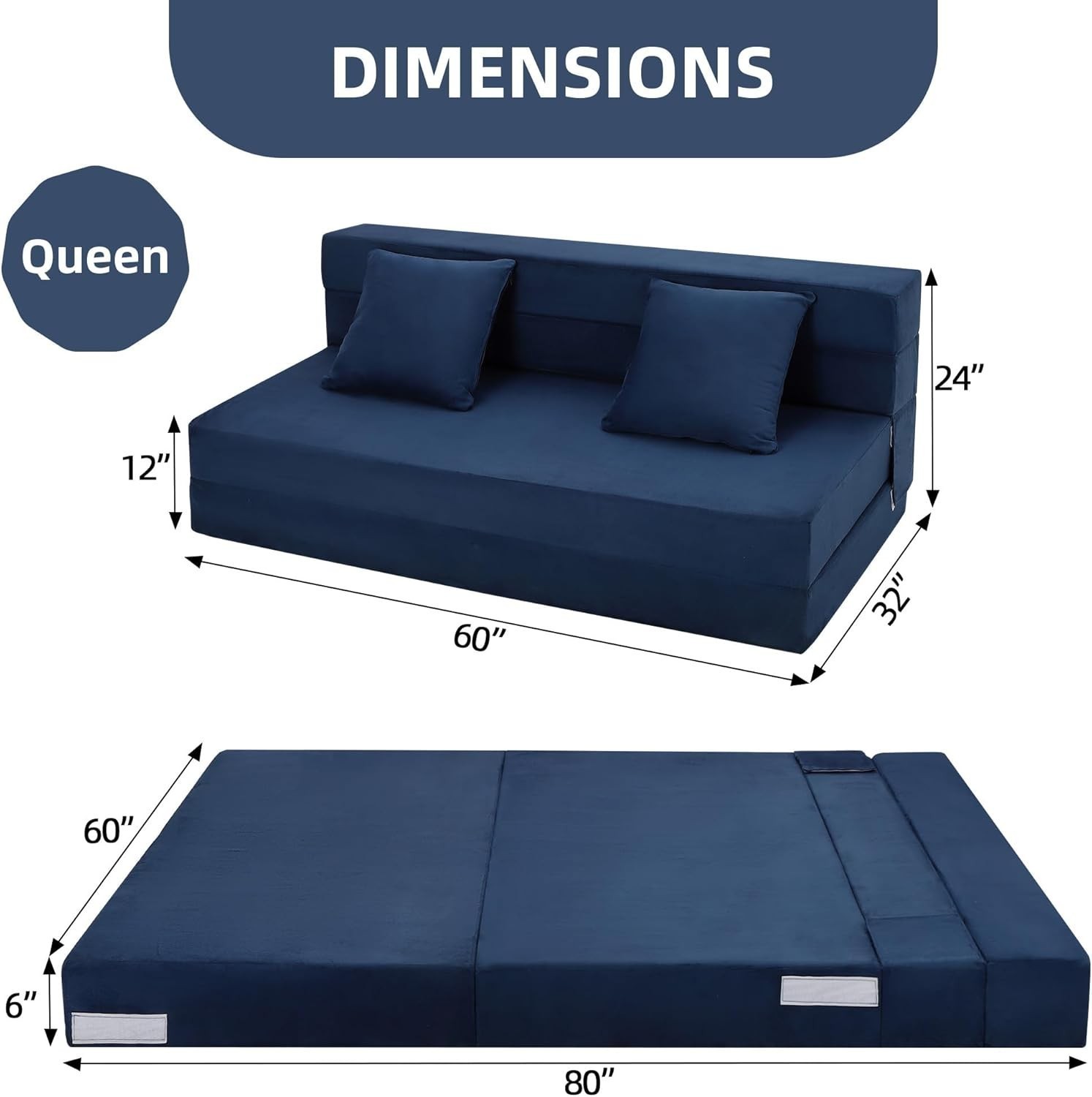 Queen Size Folding Sofa Bed Convertible Floor Futon Bed Mattresses w/ 2 Pillow💥