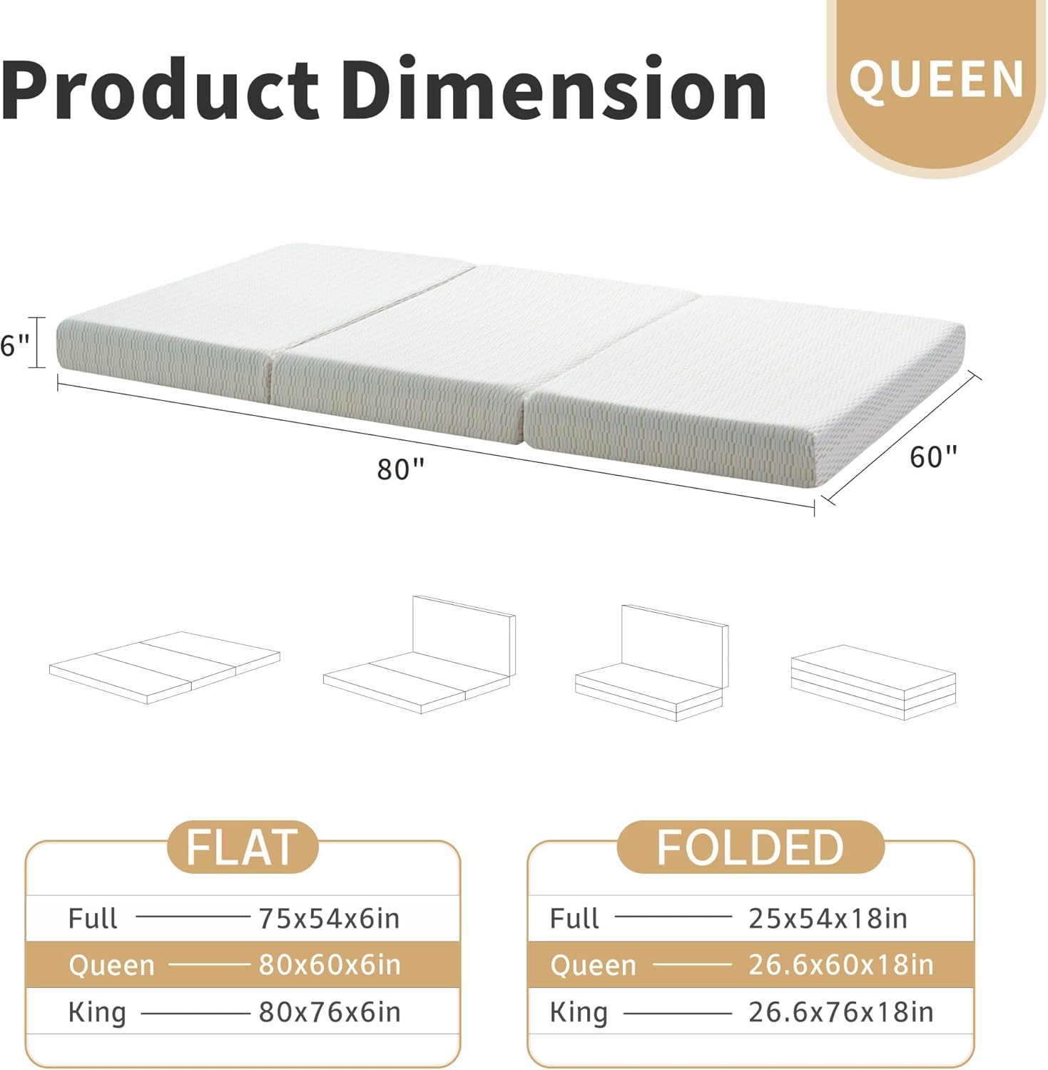 Portable 6″ Tri-Folding Queen Memory Foam Mattress with Washable Cover & Storage