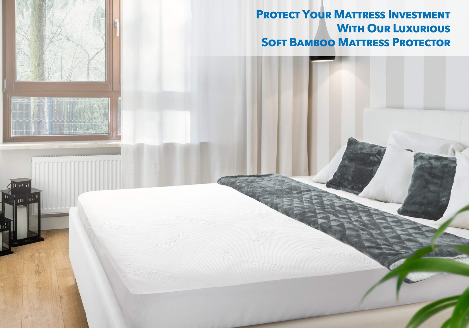 PlushDeluxe Premium Bamboo Mattress Protector – Queen Size, Queen, White