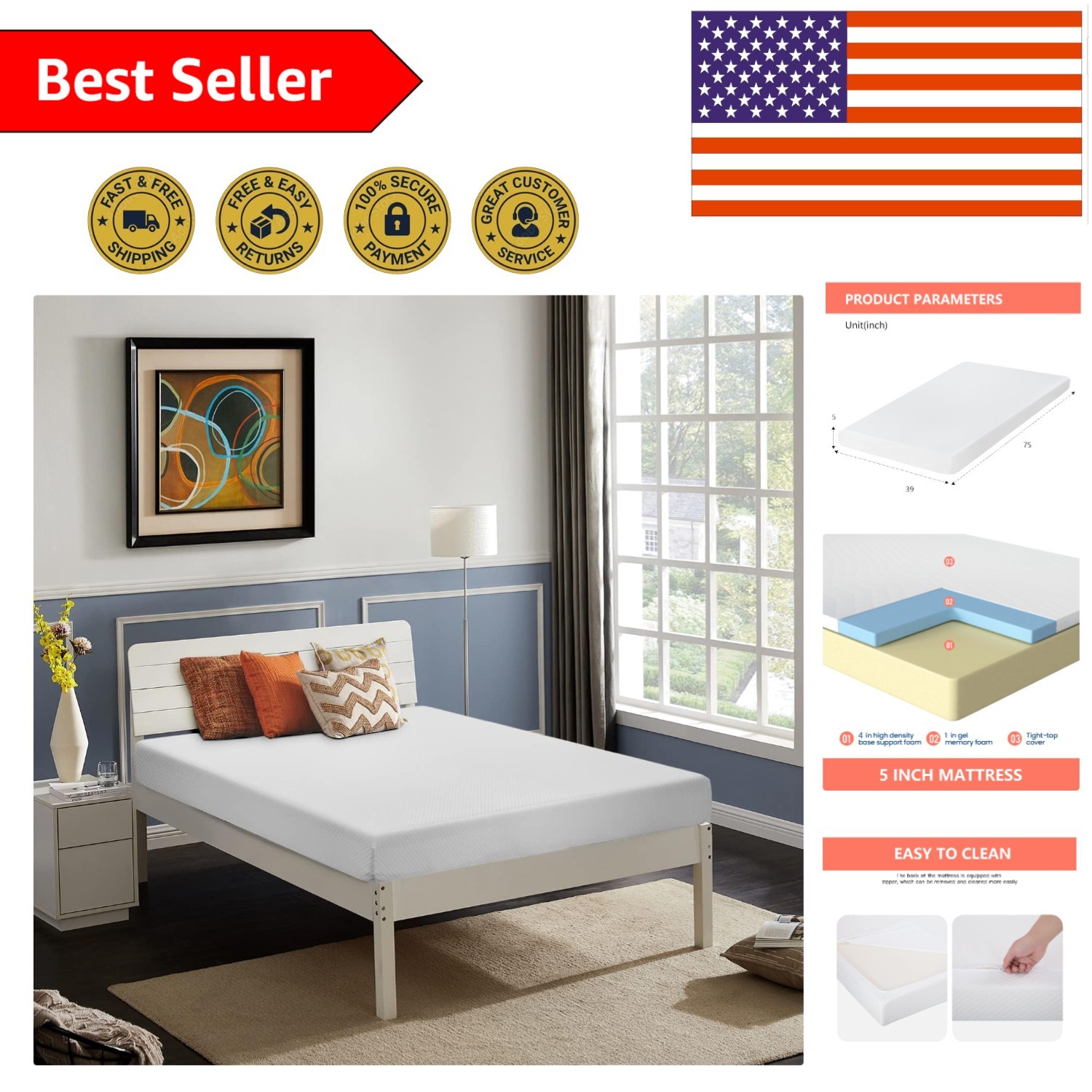 5 Inch Twin Mattress in White – Cooling Gel Memory Foam with Pressure Relief