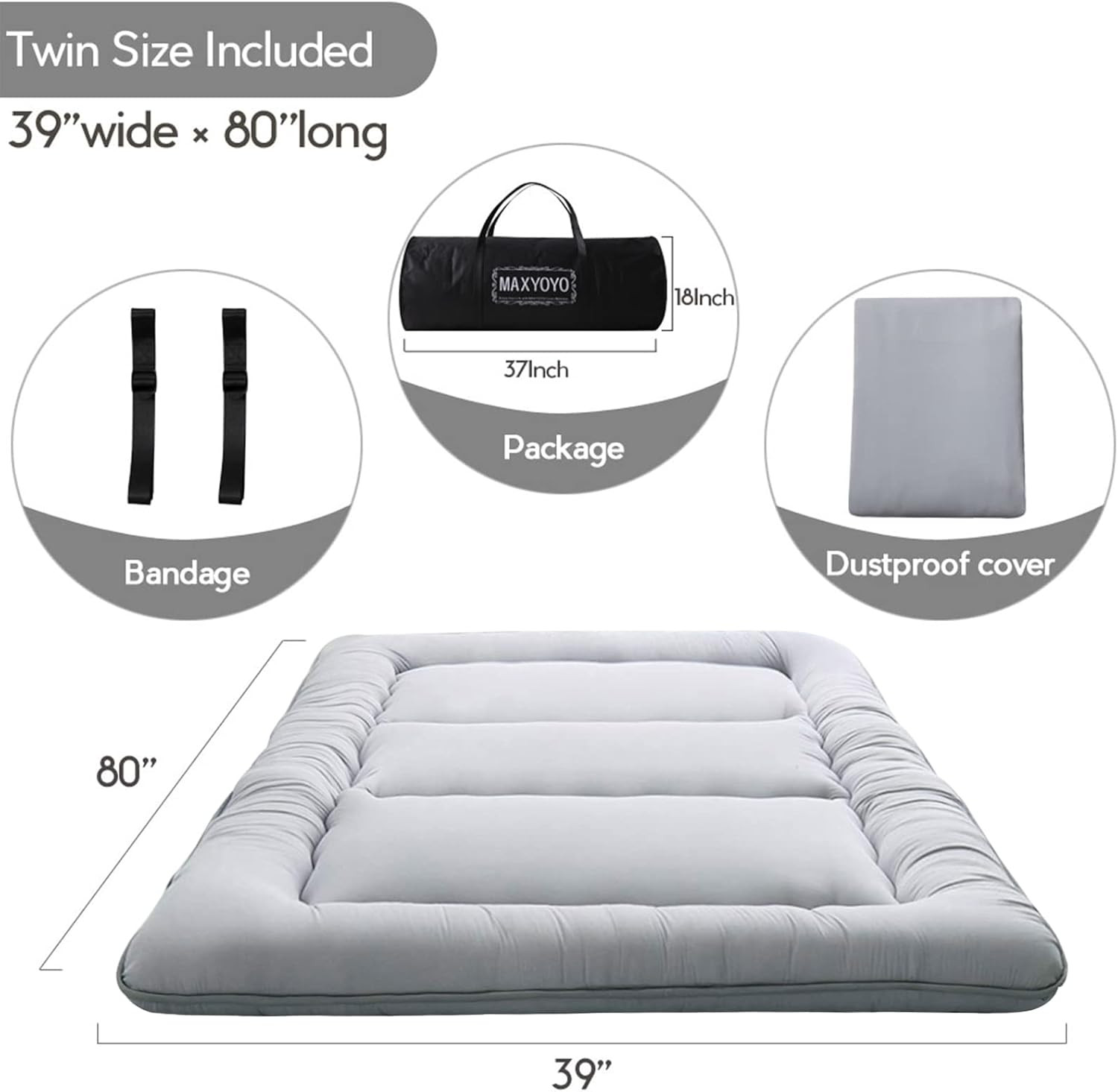 Japanese Floor Mattress, Thicken Daybed Futon Sleeping Pad Foldable Roll up Matt