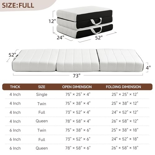 Foldable Mattress Tri-Fold Memory Foam Mattress Topper with Full 4 Inch