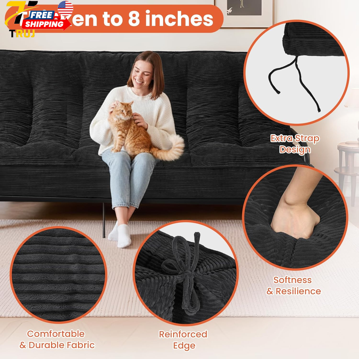 8″ Futon Mattress Full Size Futons Sofa Bed Sleeper Couch Bed Roll Up Mattress w
