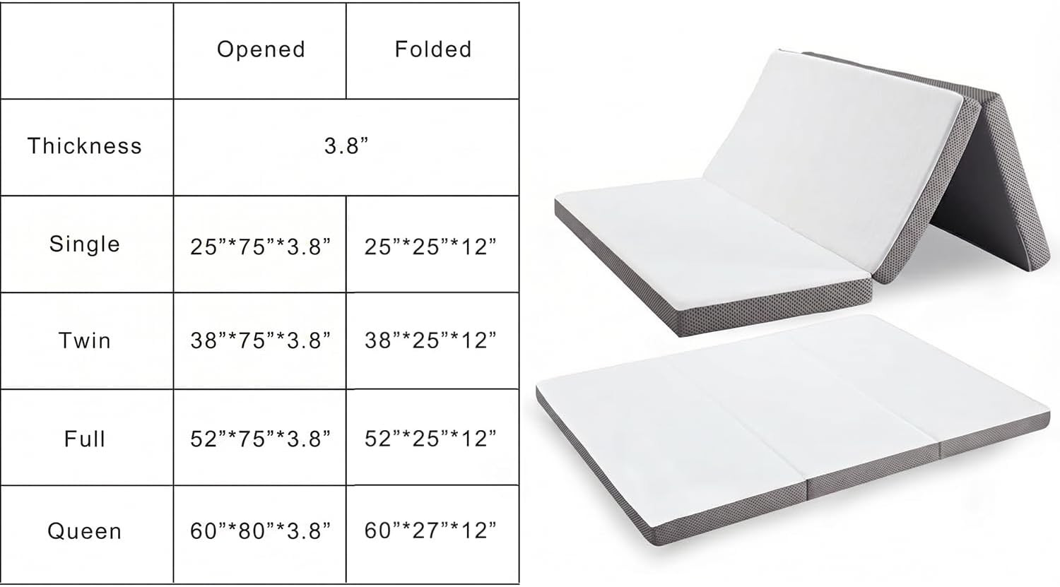 Foldable Mat 3.8 Inch Folding Topper Tri-Fold Gel Memory Foam Breathable with St