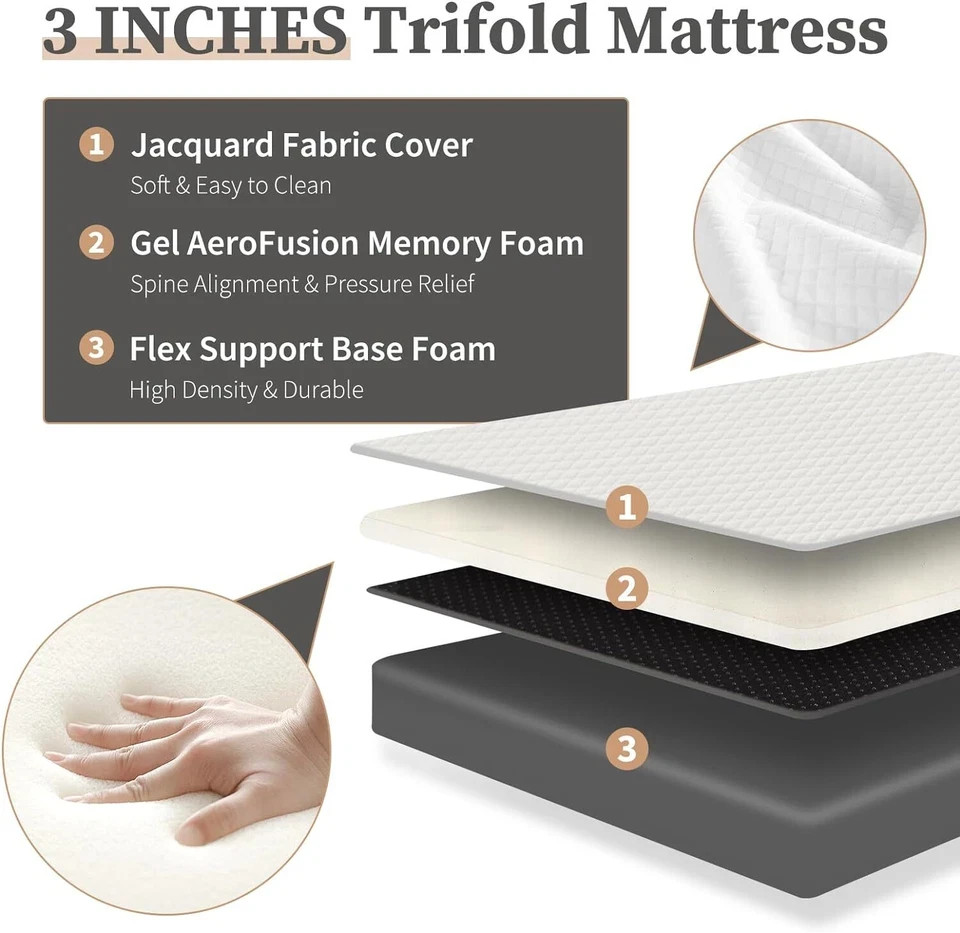 4″ Tri-Fold Memory Foam Mattress Foldable Mattress Topper with Washable Cover