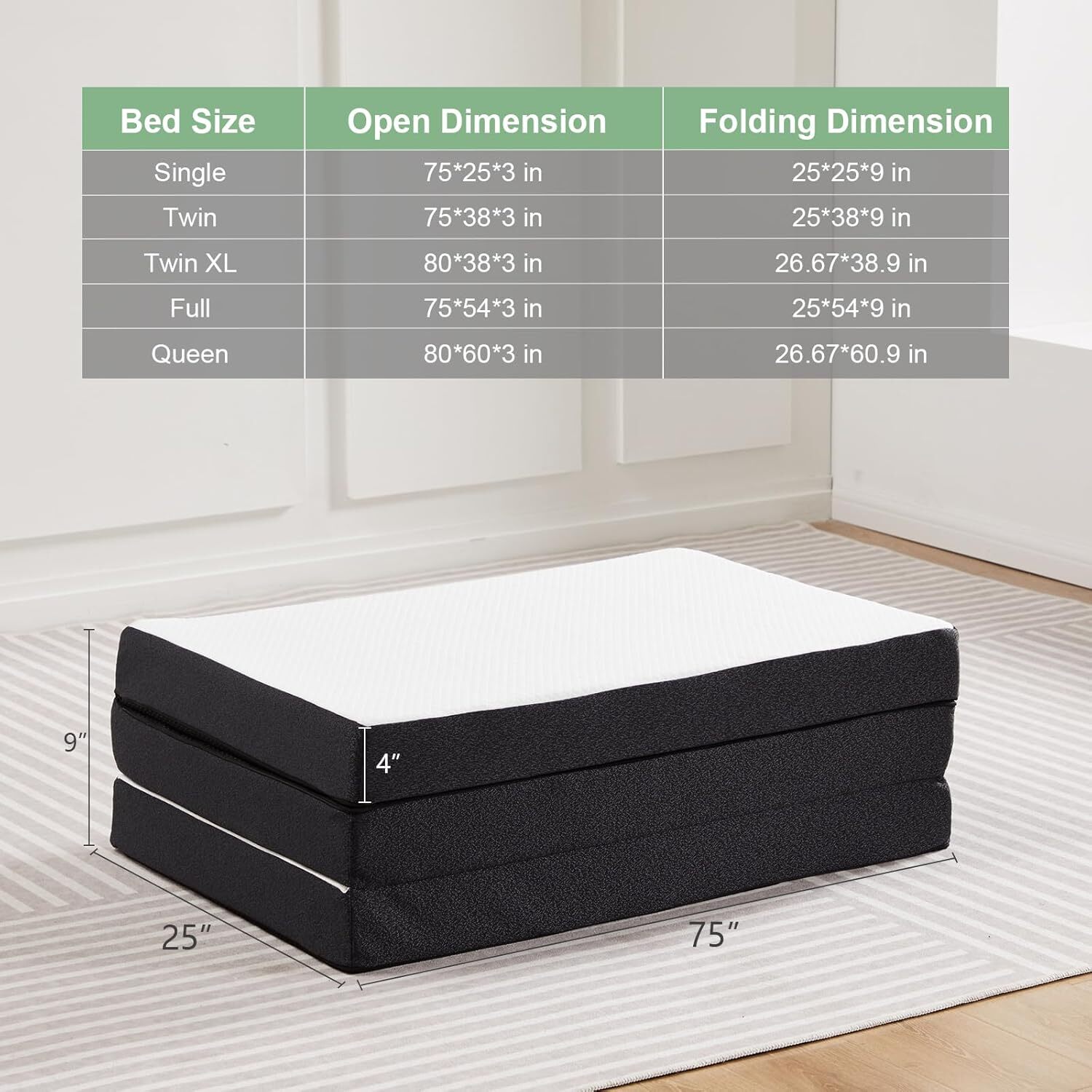 Foldable Mattress 3inch Memory Foam Trifold Portable Mattress w/ Washable Cover