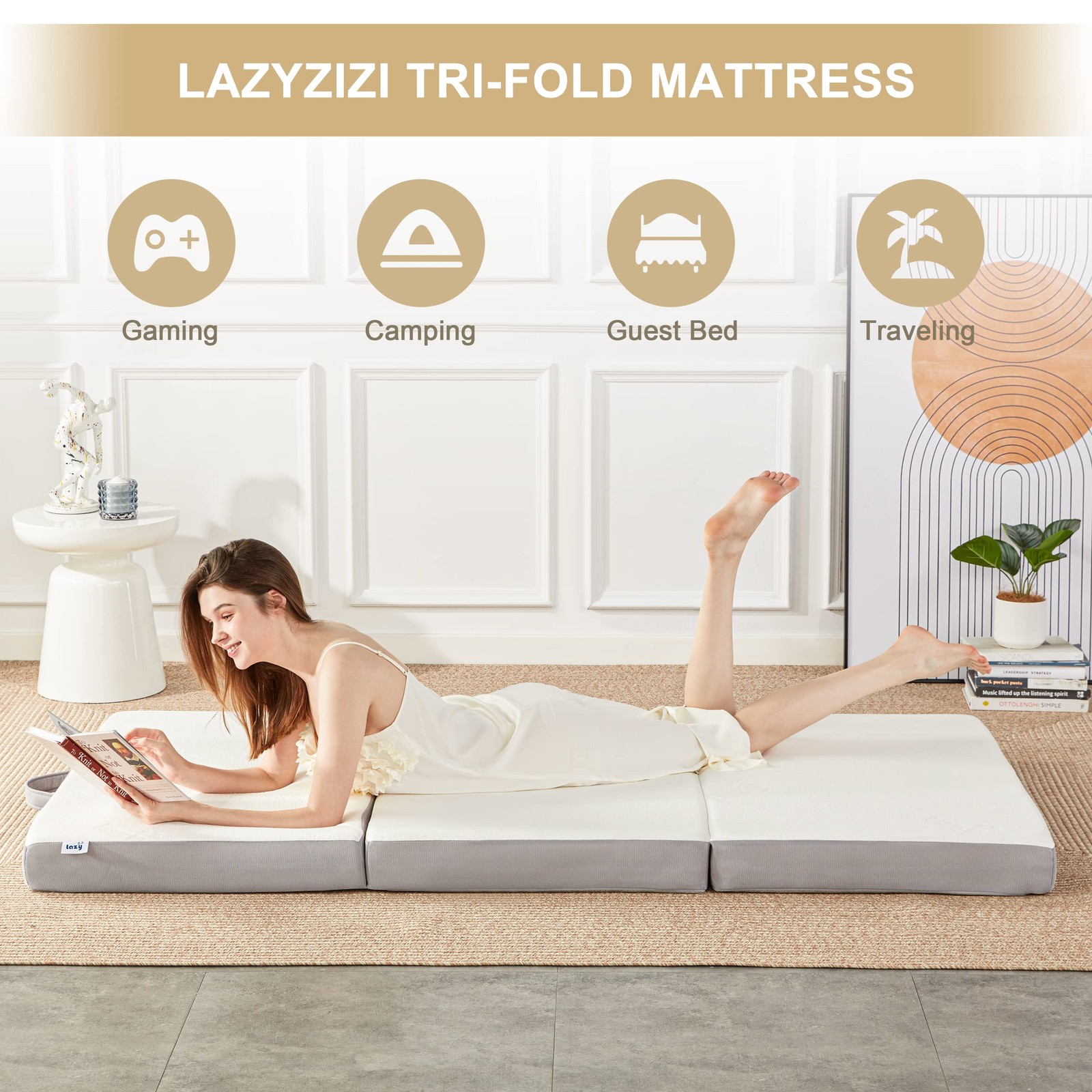 Folding Mattress, 4 Inch Memory Foam Tri-fold with Breathable Bamboo Fiber Fa…