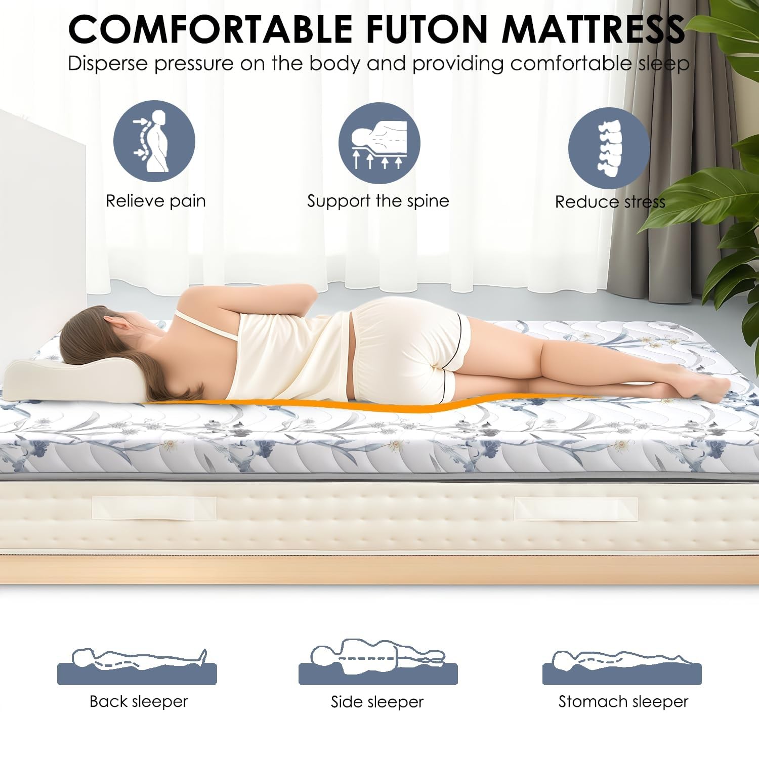 Japanese Floor Mattress, 3.5″ Thicken Ink Wash Floral Pattern Portable Futon …