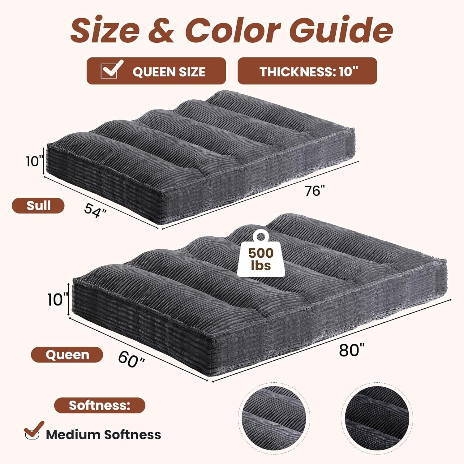 10″ Futon Mattress Queen Size Futons Sofa Couch Bed with Straps Thick Corduroy