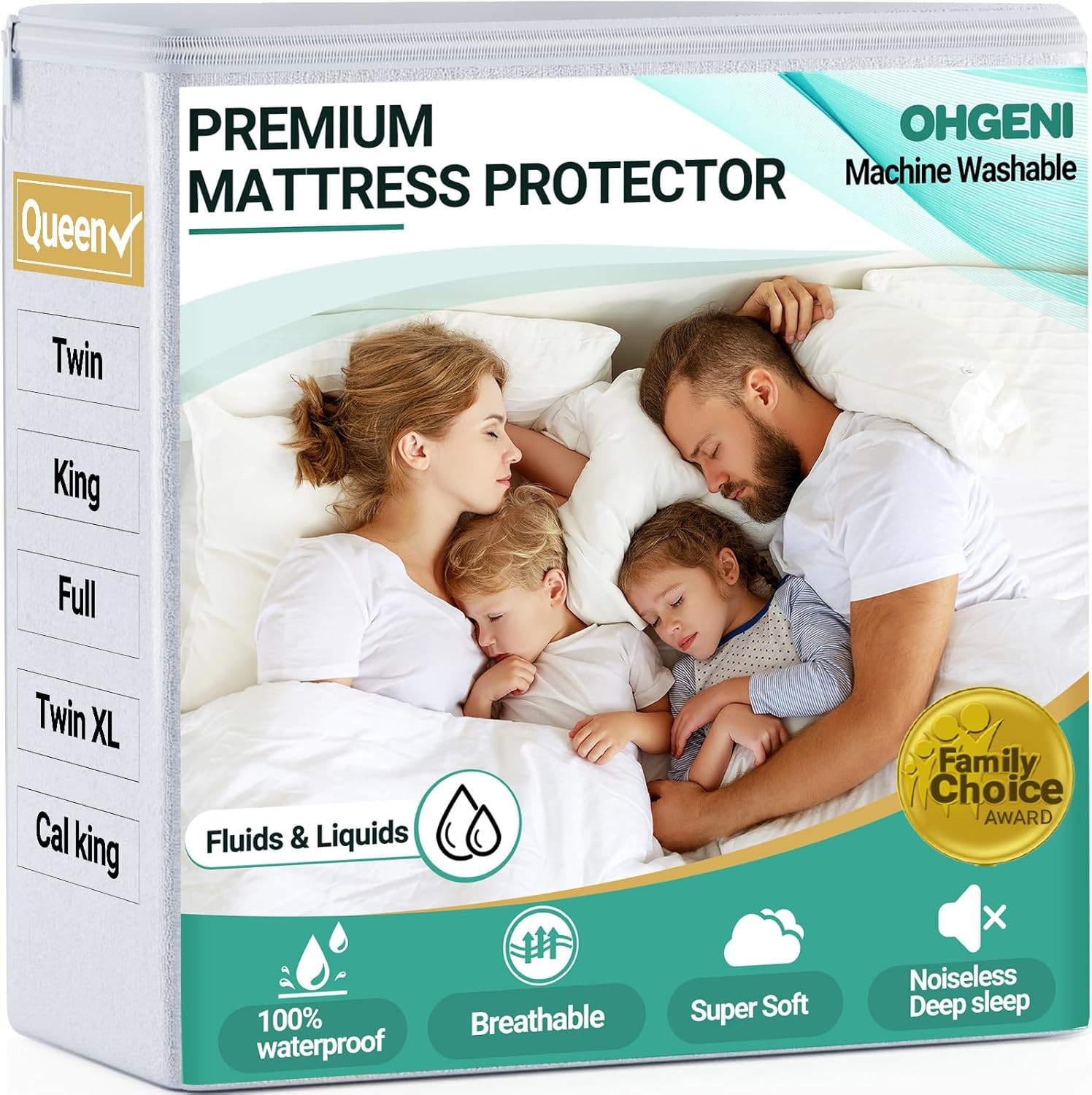OhGeni 100% Waterproof Mattress Protector, Queen Size, Fitted Queen, White