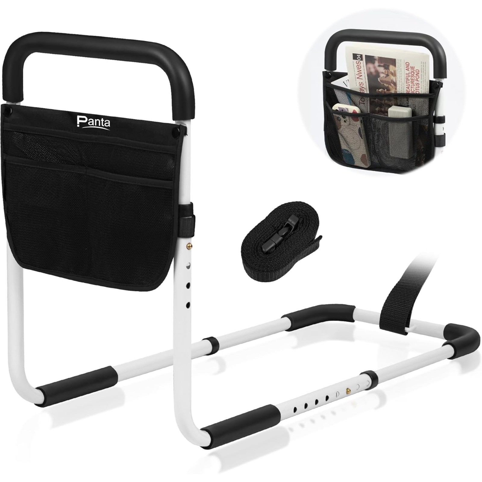 Adjustable Bed Assist Rails Bed Side Safety Handle for Seniors W/ Storage Pouch