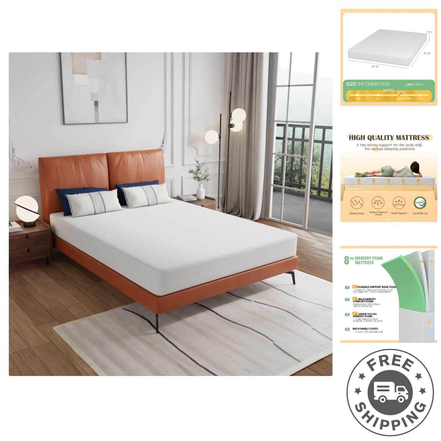 CertiPUR Certified Queen Mattress – 8-Inch Cooling Gel & Pressure Relief Design