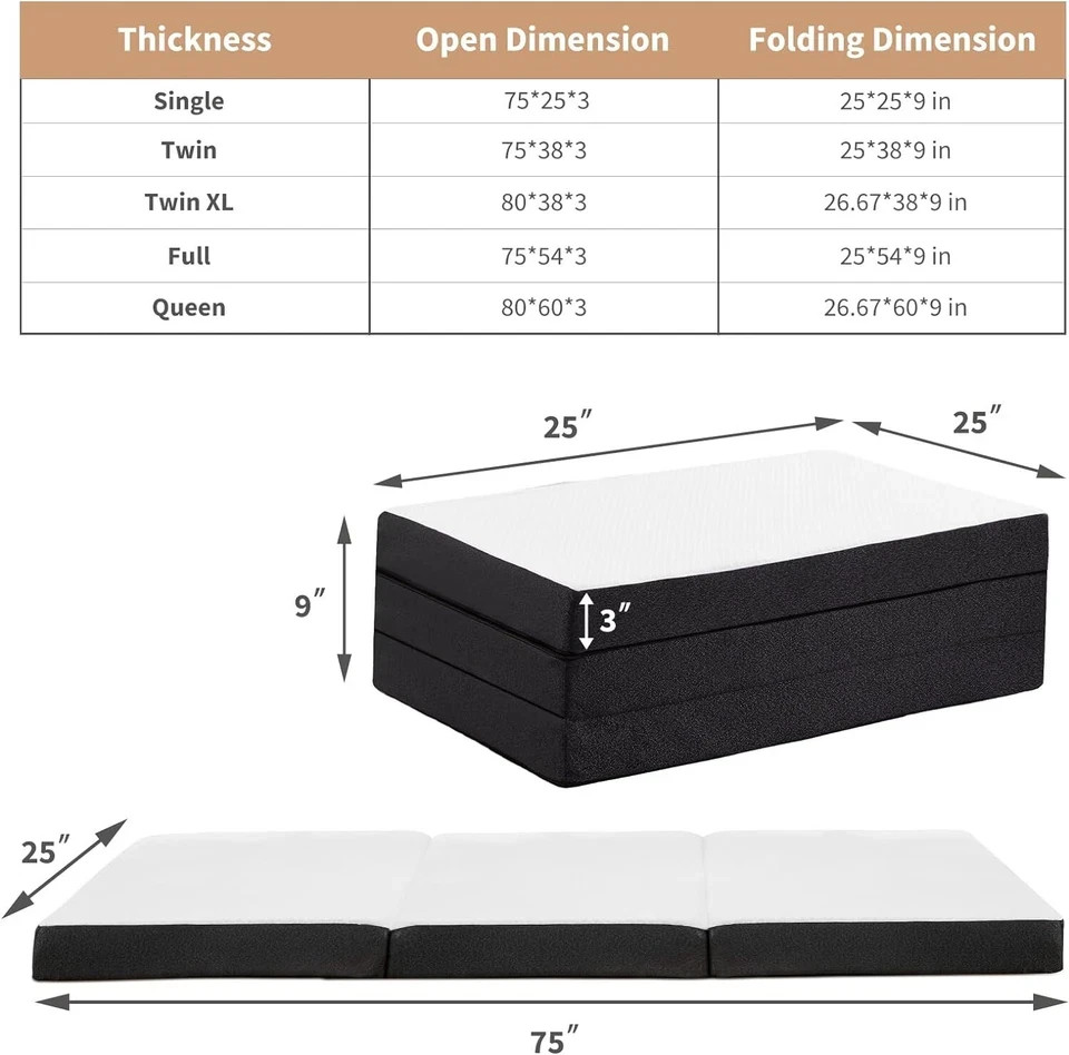 4″ Tri-Fold Memory Foam Mattress Foldable Mattress Topper with Washable Cover