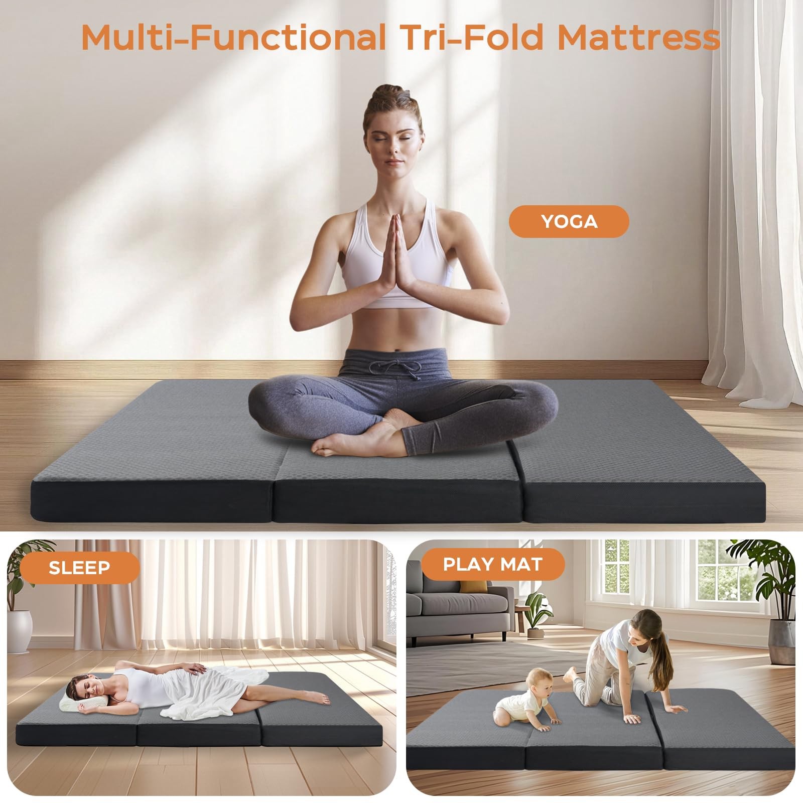 Tri Folding Mattress Twin Size – Memory Foam Tri-fold Handle & Non-Slip Botto…