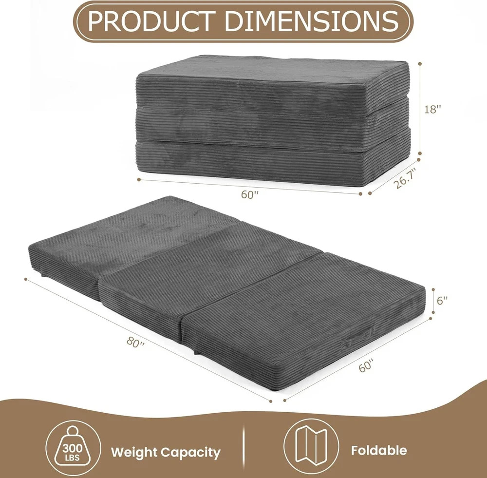 Queen Size Tri-Fold Memory Foam Mattress with Washable Cover & Carry Handles