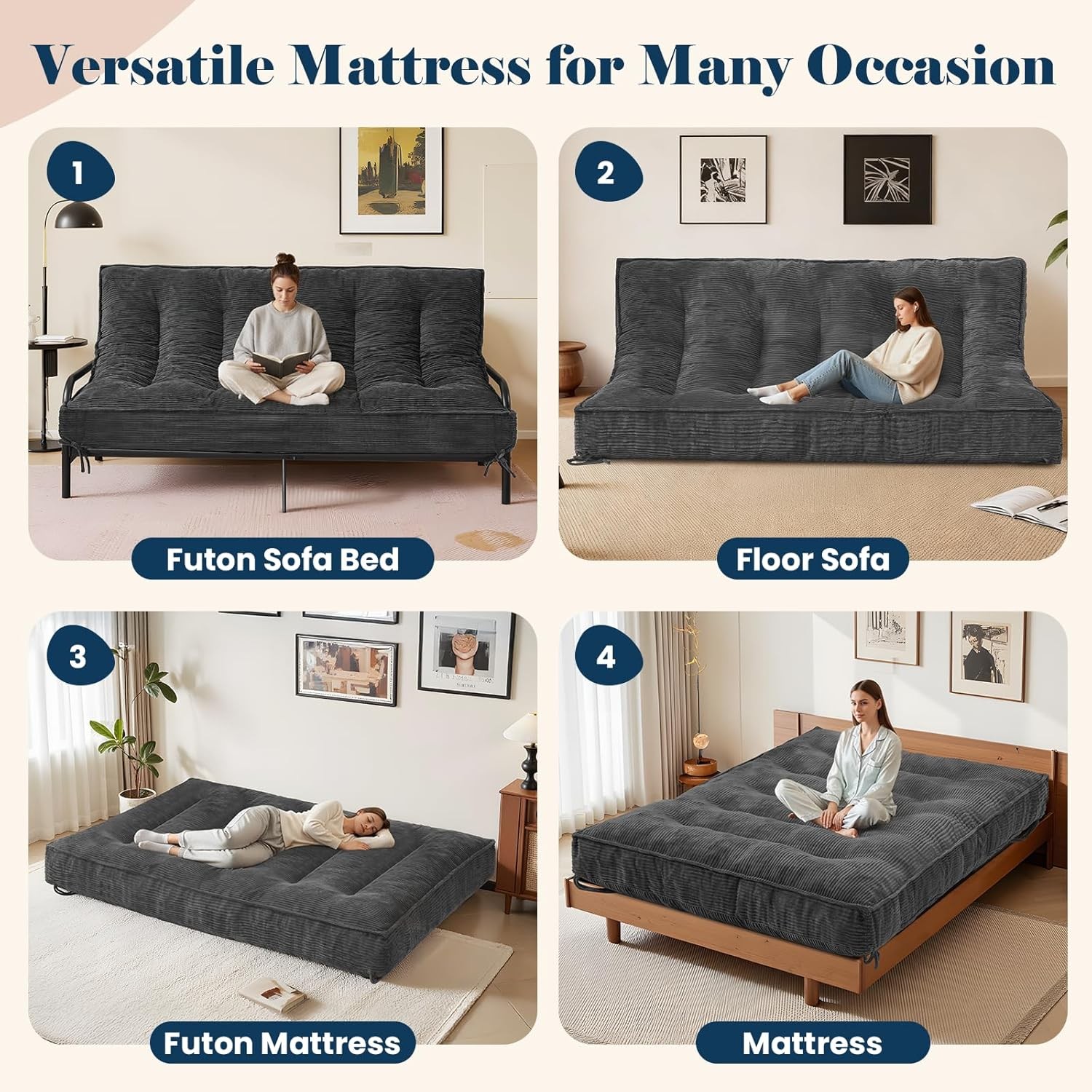 8 Inch Futon Mattr Full Size, Futon Floor Sofa Bed Foldable with Soft