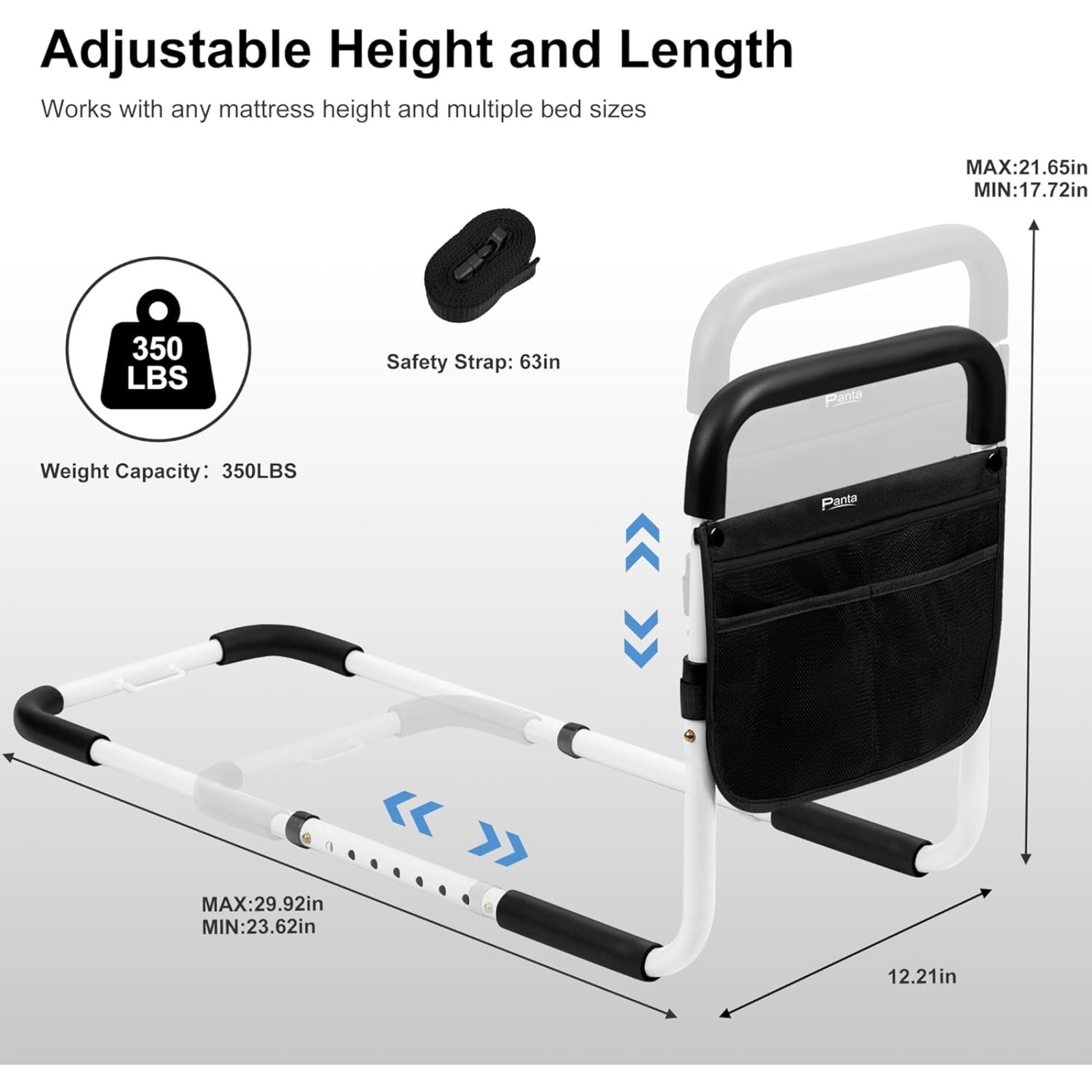 Adjustable Bed Assist Rails Bed Side Safety Handle for Seniors W/ Storage Pouch