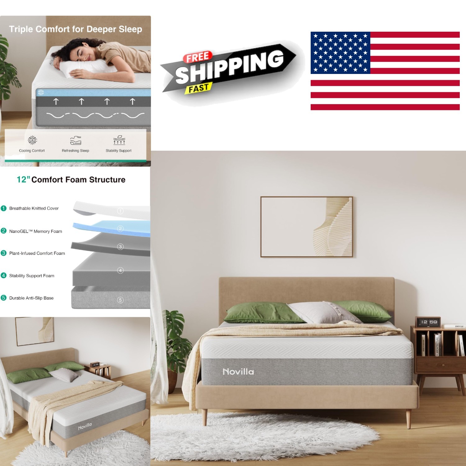 Queen Size 12 Inch Gel Memory Foam Mattress for Cool Sleep and Pressure Relief