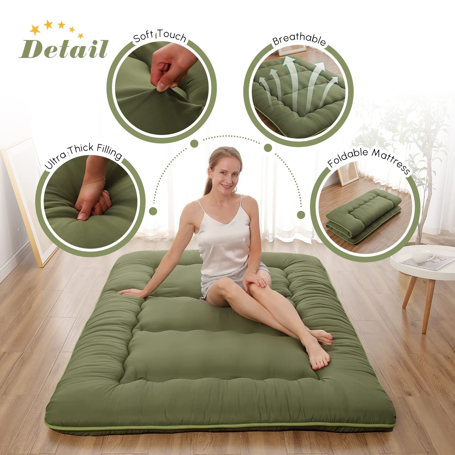 Japanese Floor Mattress Futon with Washable Cover & Storage Bag, Roll Up Tatami