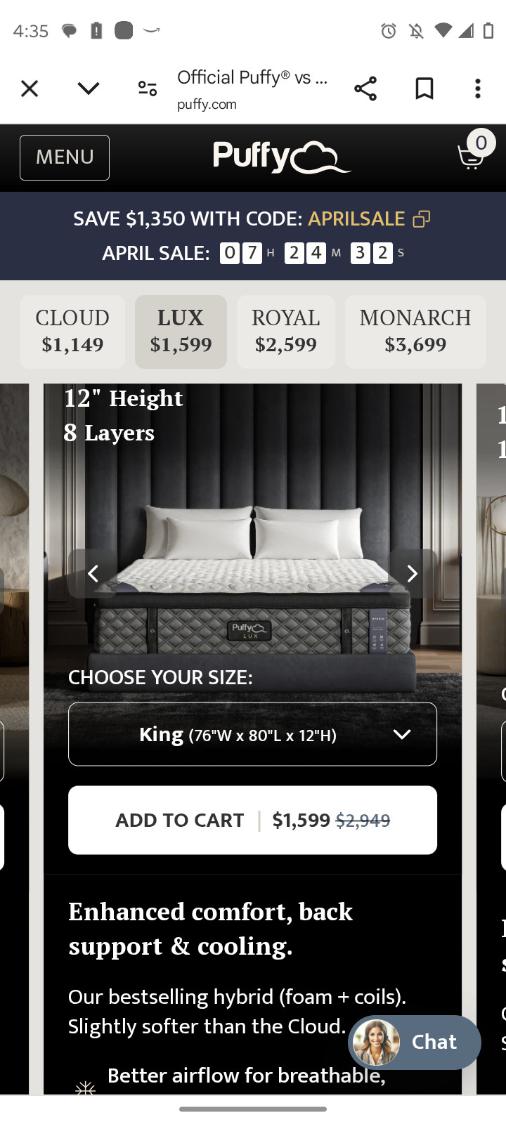 NEW Lux 12” King Size Memory Foam Mattress Frame (in original packaging) 