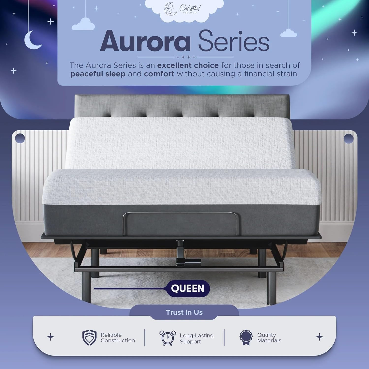 Aurora Adjustable Bed Frame & 12″ Gel Memory Foam Mattress – Queen Size