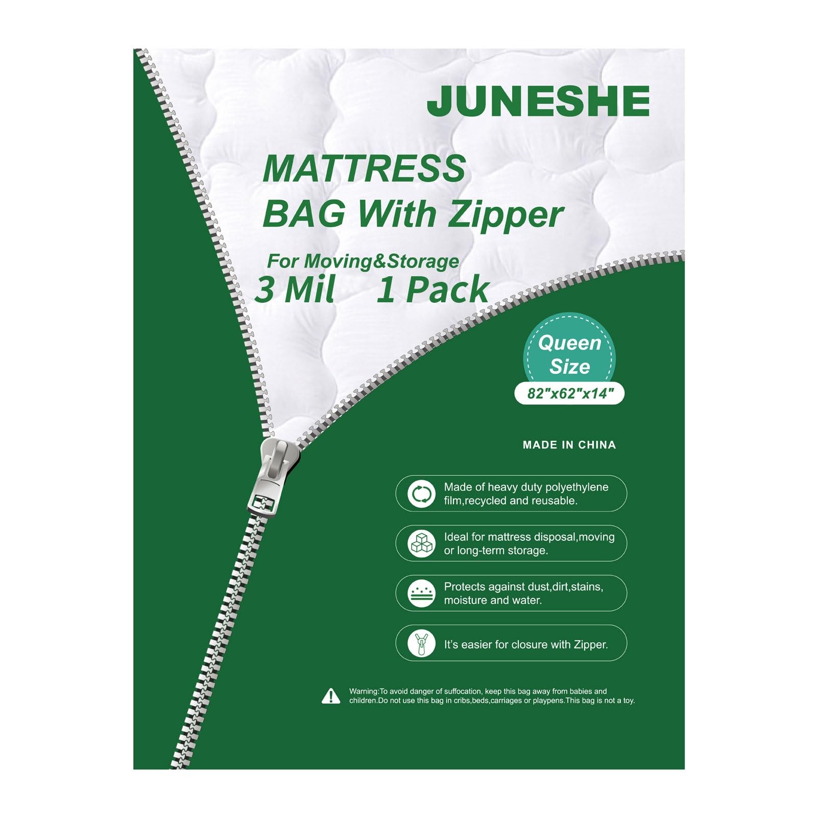 JUNESHE 3 Mil Queen Size Mattress Bag with Zipper for Storage Queen, White
