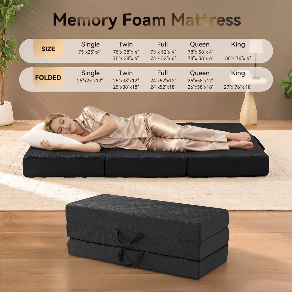 4″ Memory Foam Trifold Mattress – Portable, Washable, Non-Slip, Black