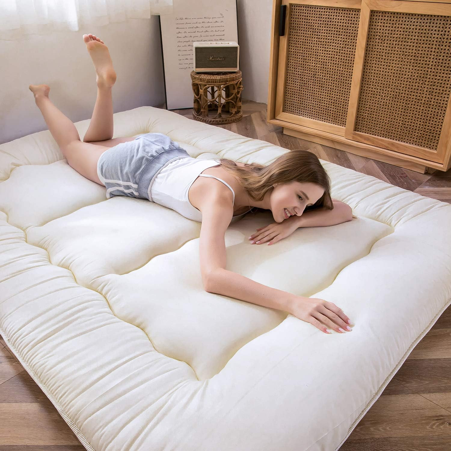 Japanese Floor Futon Queen Size, Thicken Tatami Mat Sleeping Pad Foldable Roll u