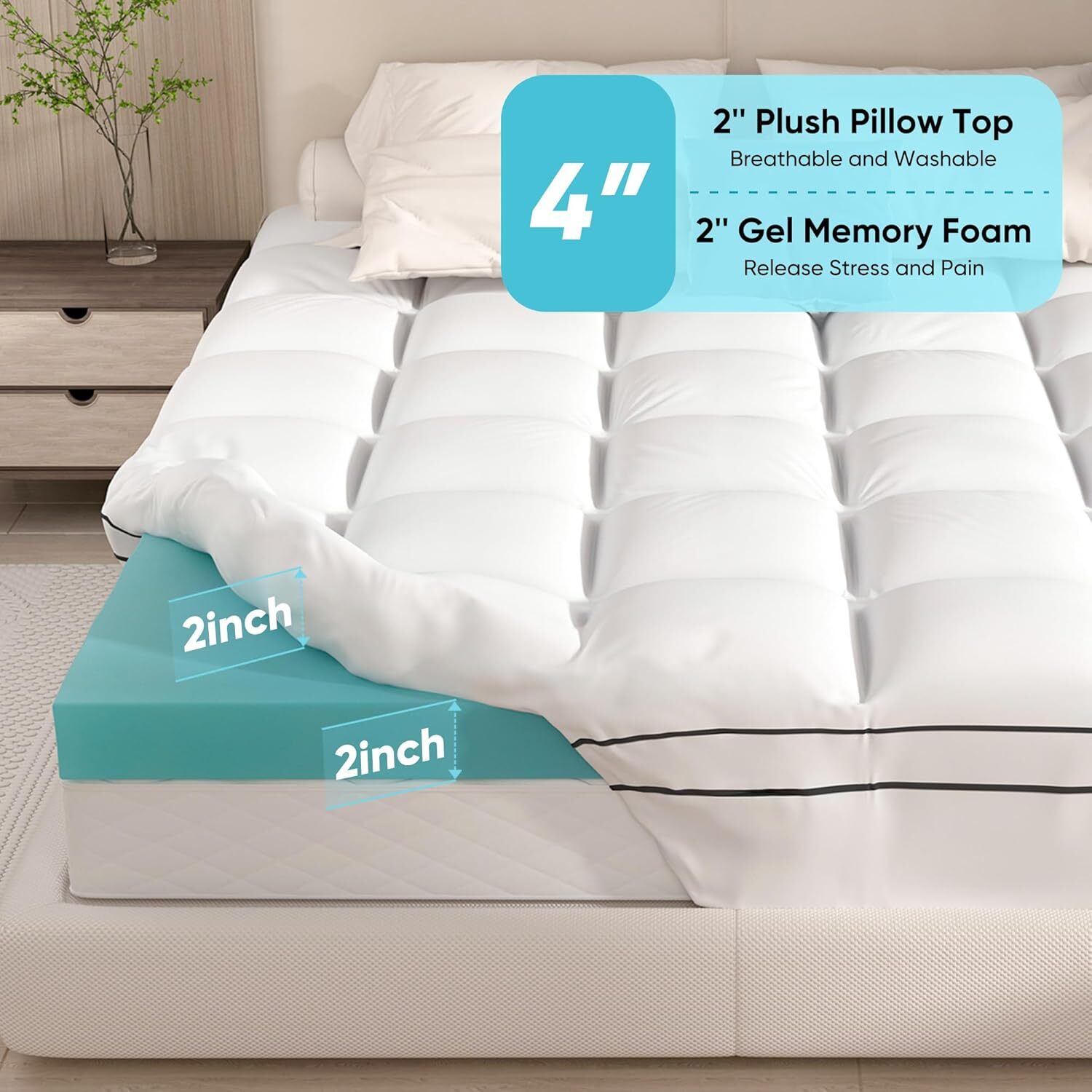 Memory Foam Mattress Topper Queen Size, Dual Layer 4 Inch Mattress Pad,2Inch Gel