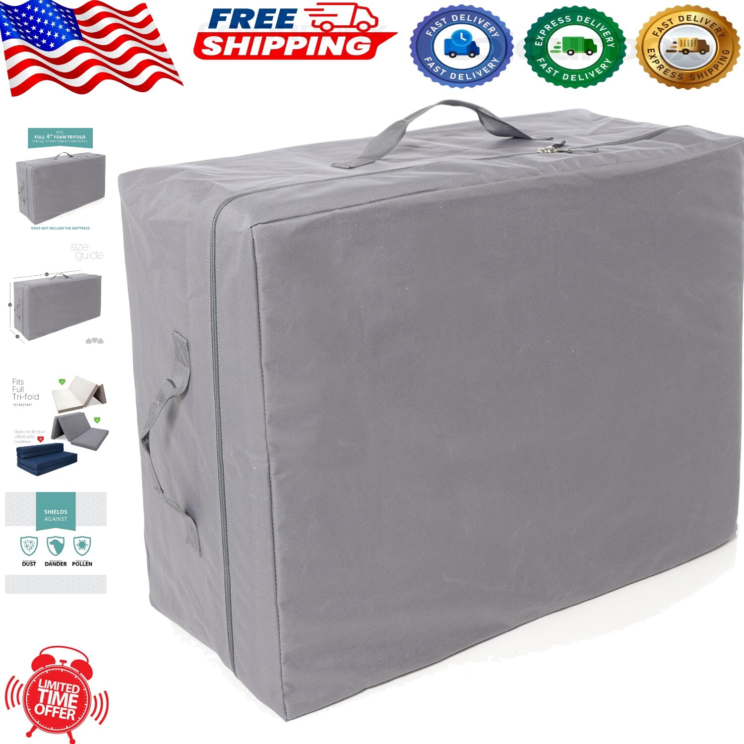 Portable Tri-Fold Mattress Protector Case with Easy Carry Handles – 75″ x 52″