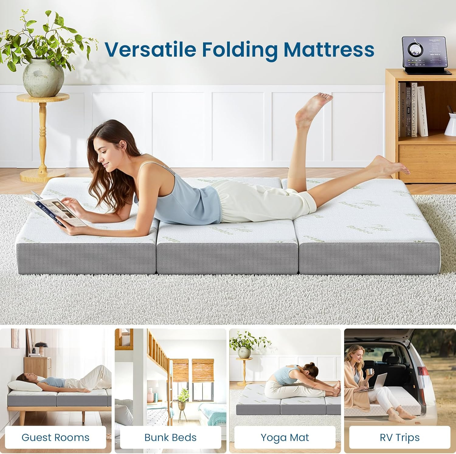 Trifold Mattress Queen Size, 6 Inch, Portable Folding Mattress with Memory Foam,