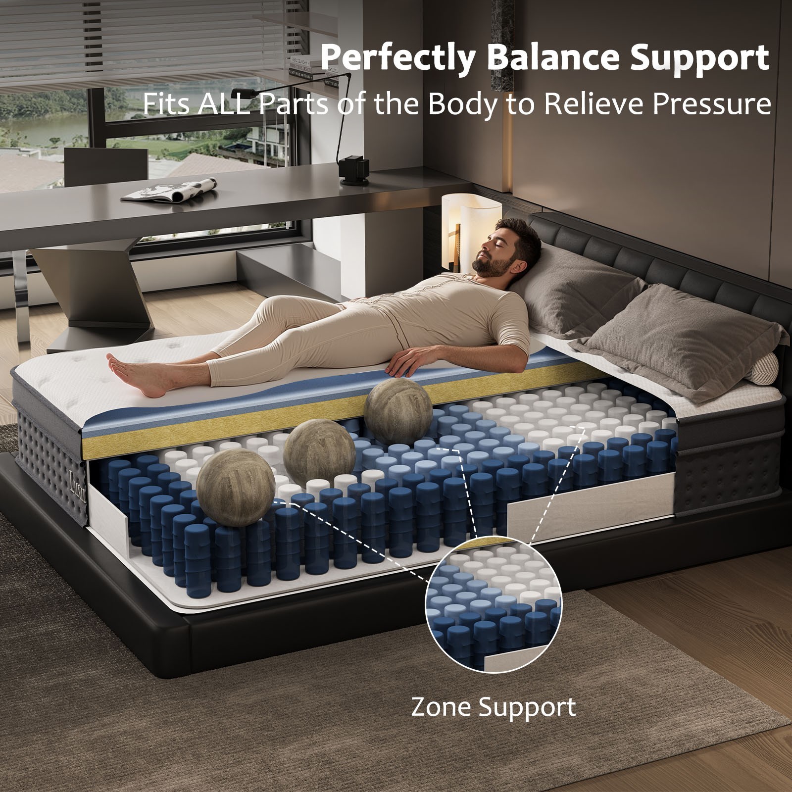 Cooling Matress with Memory Foam & Individual Pocket Springs for Pressure Relief