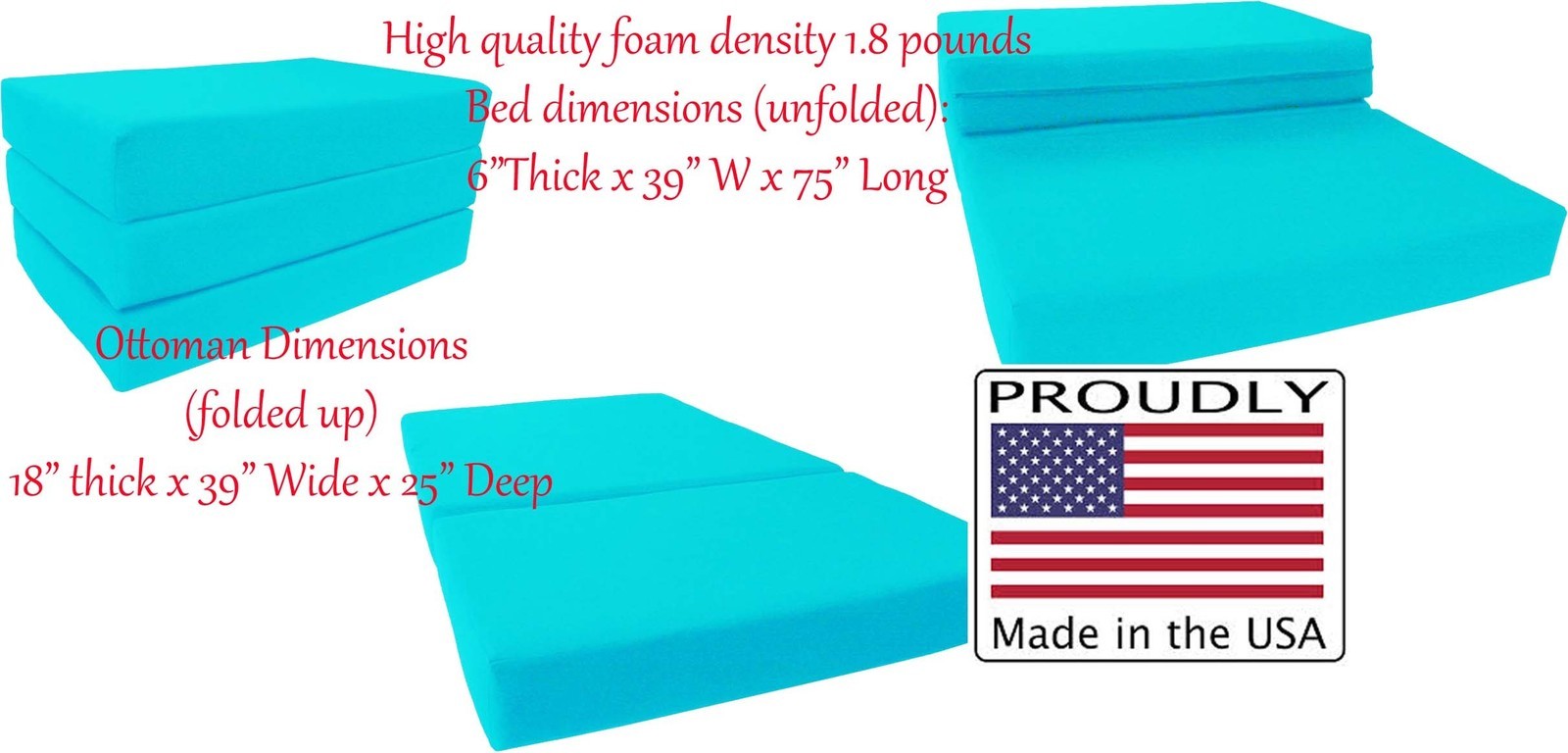 Queen Turquoise Trifold Foam Bed, Folding Mattress 6 x 60 x 80, 1.8 lbs Density