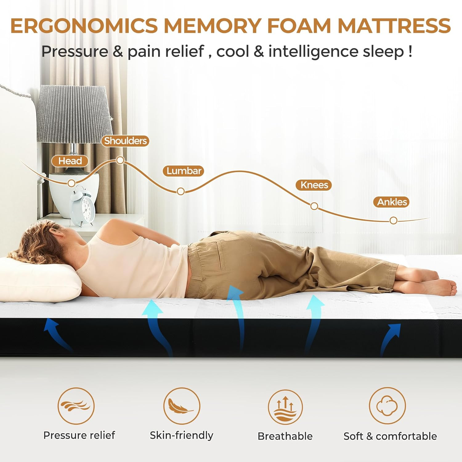 4-Inch Trifold Memory Foam Mattress with Bamboo Cover for Camping & Guests
