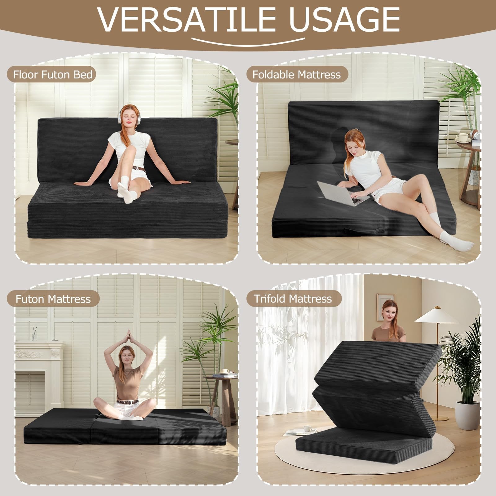 6-Inch Tri-Folding Mattress Full Size – Foldable Futon Sofa Bed with Removabl…