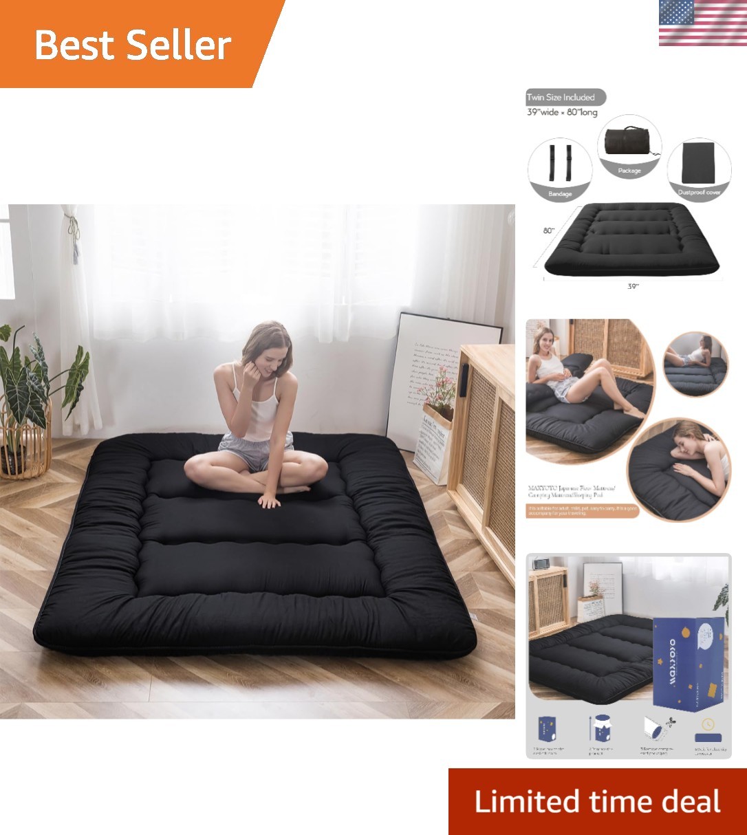Japanese Floor Mattress Futon Mattress, 4″ Thicken Tatami Mat Sleeping Pad Fo…