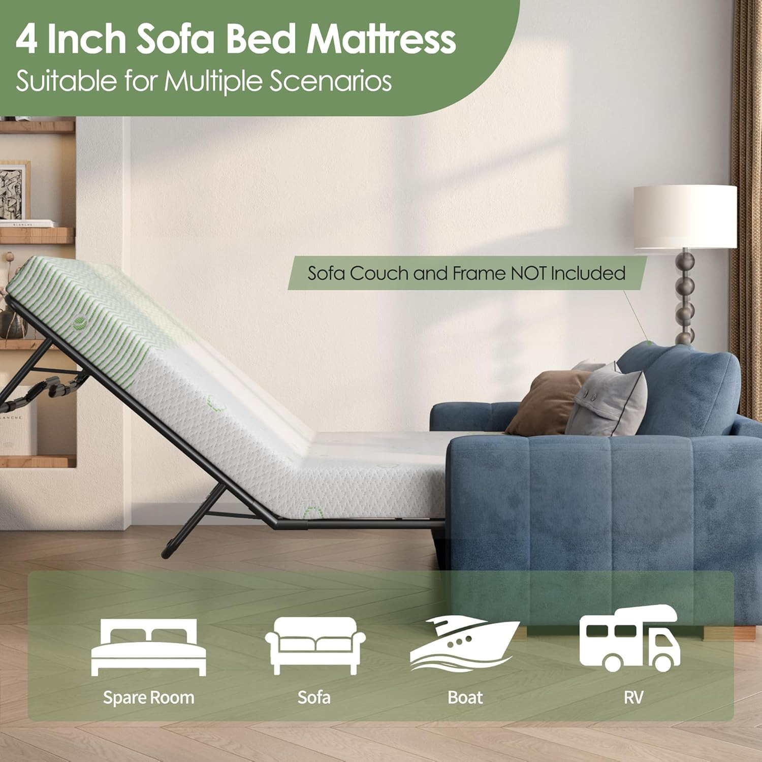 4 Inch Gel Memory Foam Sofa Mattress Full Size – Light Green & White Foldable Re
