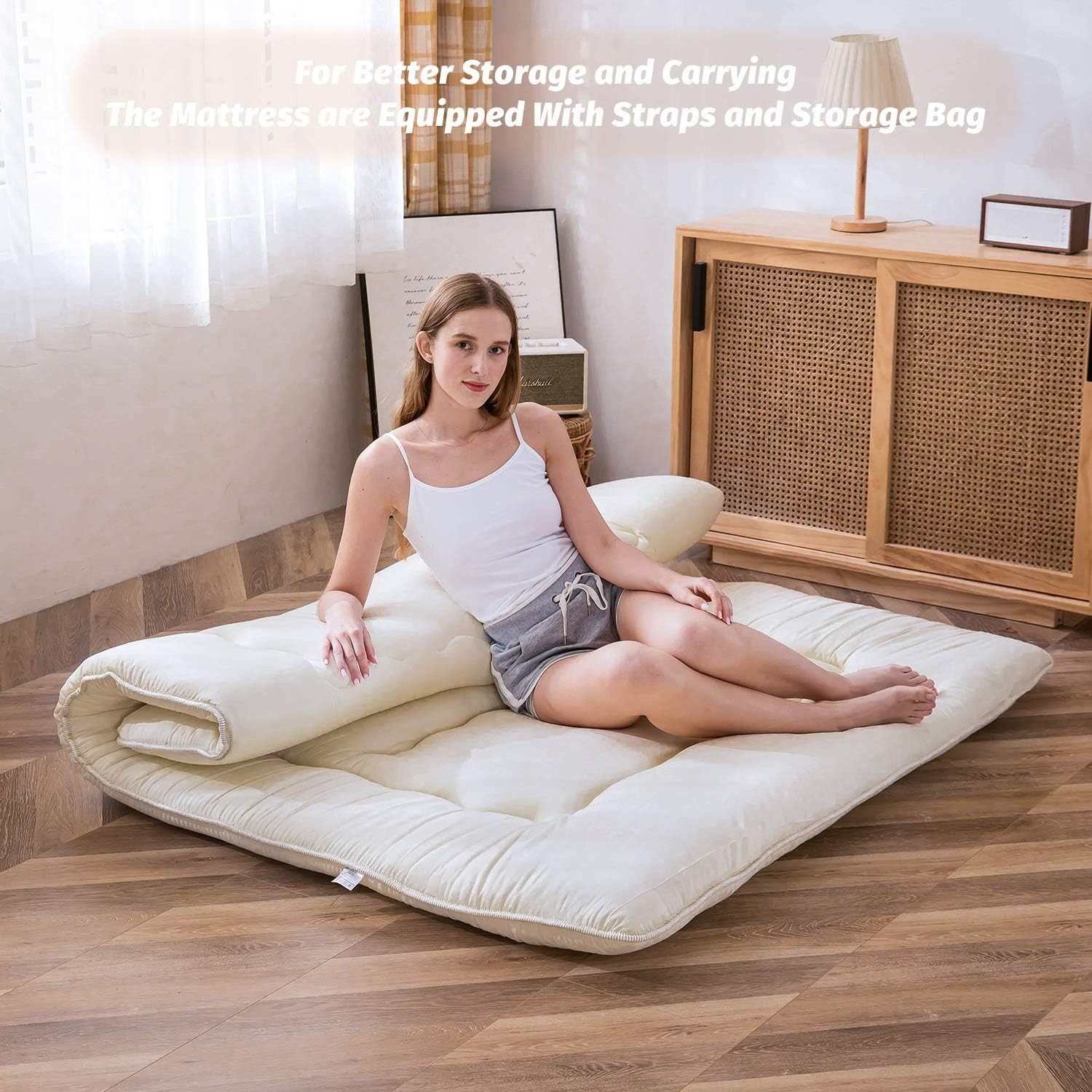 Japanese Floor Futon Queen Size, Thicken Tatami Mat Sleeping Pad Foldable Roll u