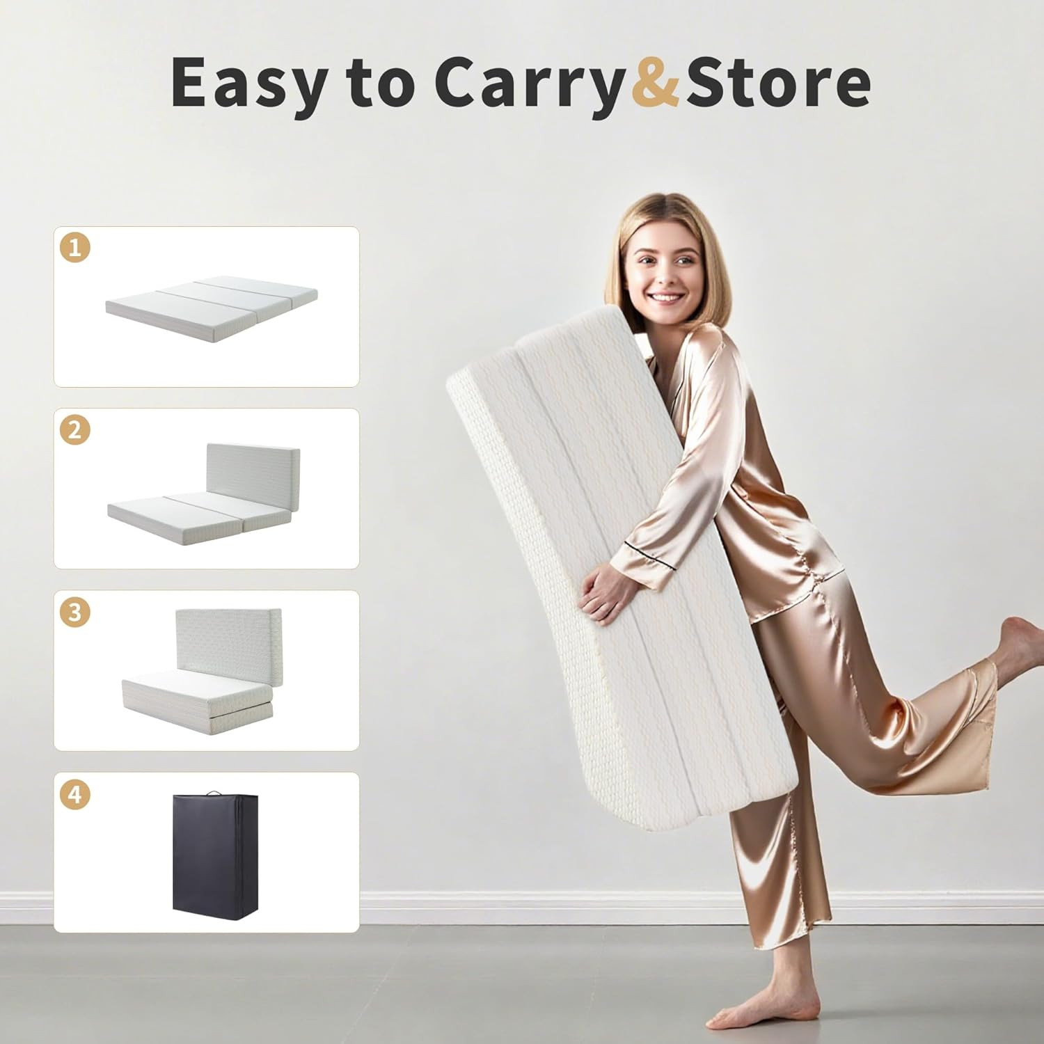 Portable 6″ Tri-Folding Queen Memory Foam Mattress with Washable Cover & Storage