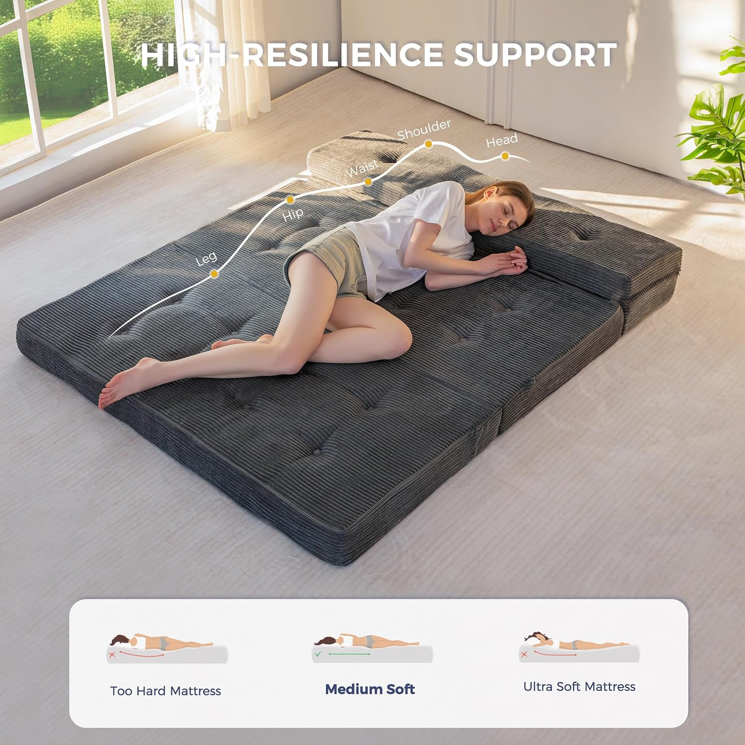 4-Inch Folding Mattress – Portable Tri-Fold Bed for Guests, Dark Grey