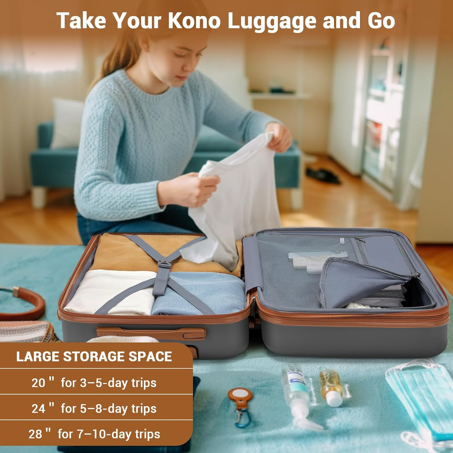 22″ Expandable Carry-On Luggage with Spinner Wheels & Lock – Grey/Brown