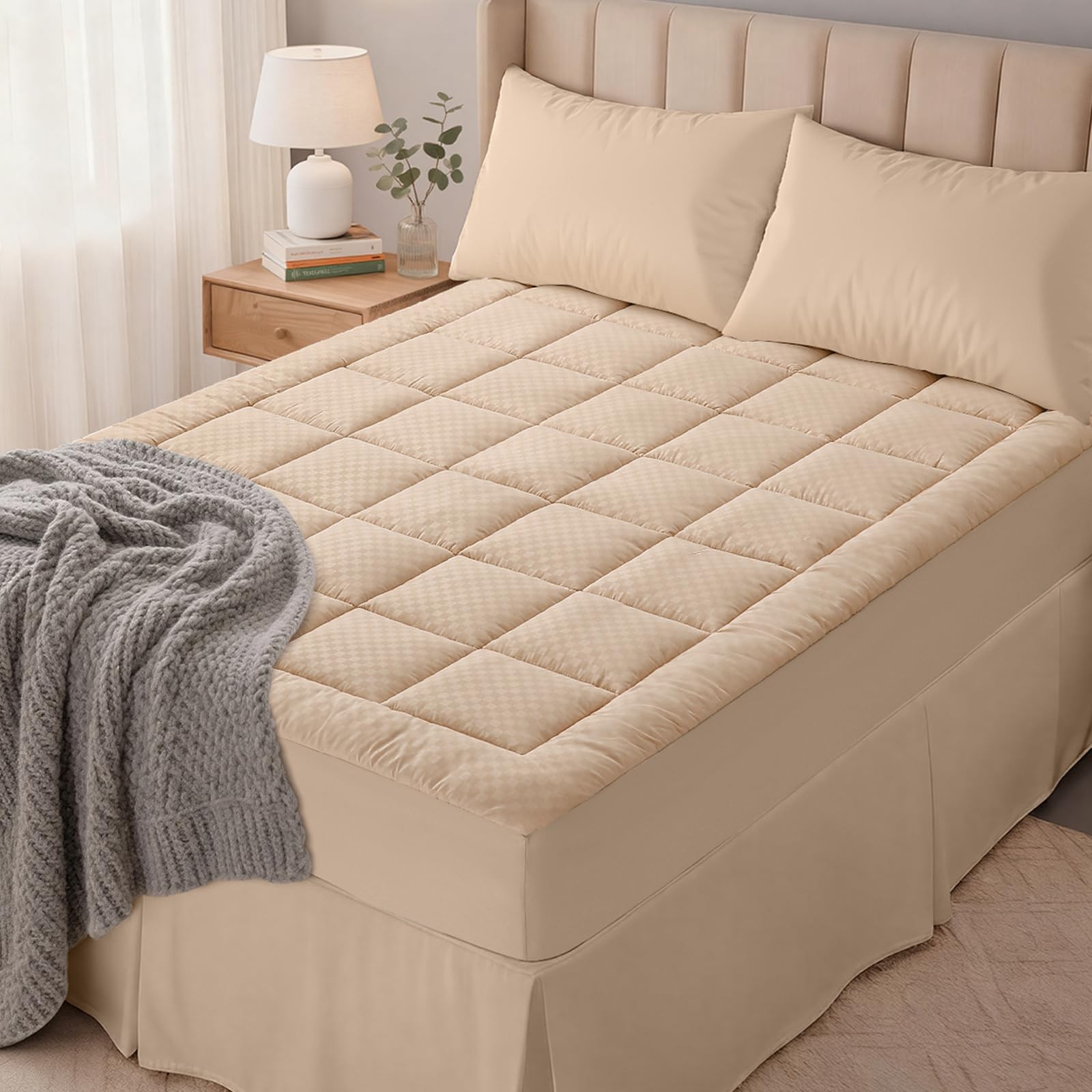 Queen Quilted Fitted Mattress Pad, Elastic Fitted Mattress Topper, Cooling So…